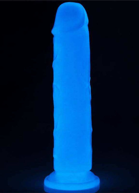 Lumino 8 Blue Light dildo in vivid glowing blue with a smooth shaft and wide suction base
