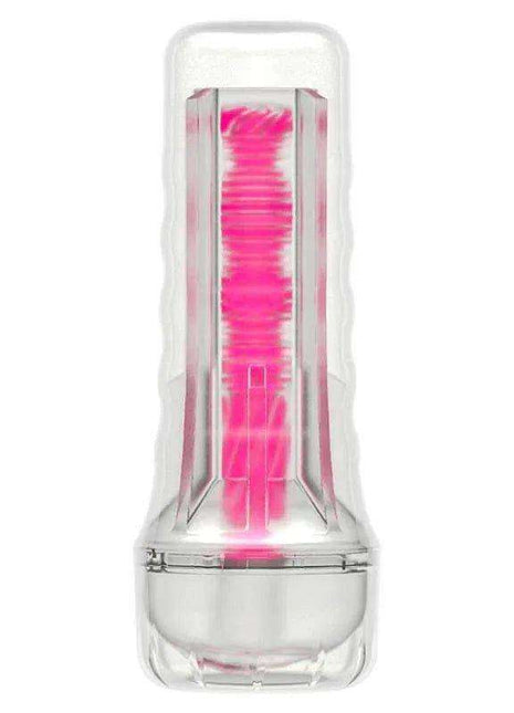 Lumino Play Masturbator with a clear silicone outer casing and bright pink ribbed inner sleeve