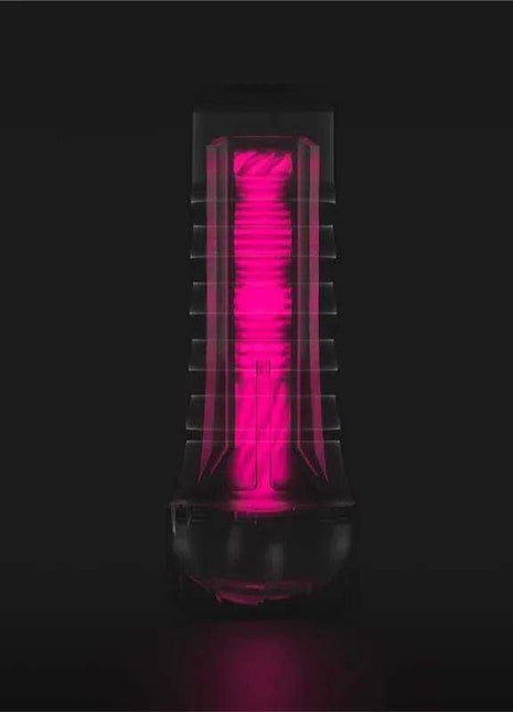Lumino Play Masturbator with a bright pink glowing textured silicone sleeve inside a clear cylindrical casing