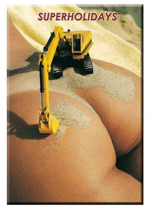 Magnet Ass with Excavator showing a yellow toy excavator on a close-up, suggestive image with the word SUPERHOLIDAYS