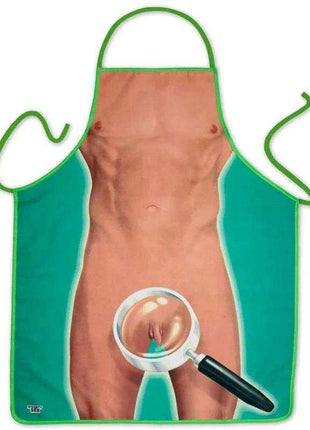 Magnifying Glass Apron with a turquoise body, peach-toned torso graphic, green trim, and printed magnifying glass