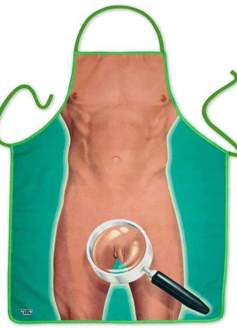 Magnifying Glass Apron with a turquoise body, peach-toned torso graphic, green trim, and printed magnifying glass