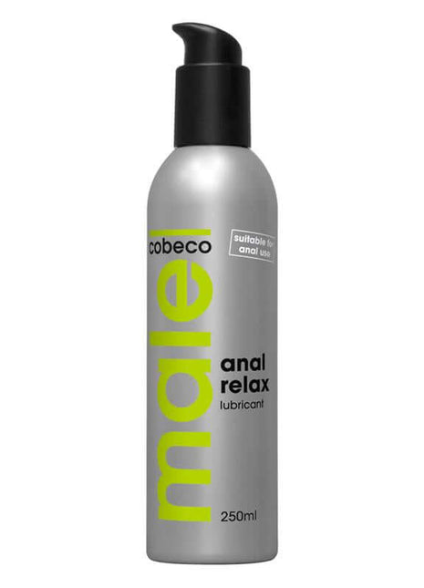 MALE Anal Relax Lubricant in a silver 250 ml bottle with a black pump and bright lime-green lettering