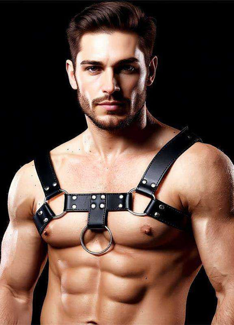 Male Chest Bondage Harness in black leather with adjustable shoulder and chest straps, metal buckles, studs, and a central ring