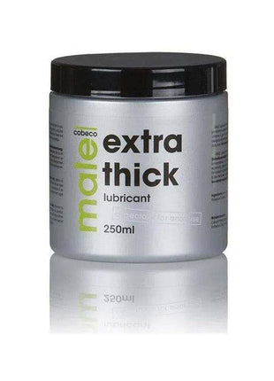 Male Lubricant Extra Thick in a silver jar with a black lid, lime-green and black lettering, and 250 ml label