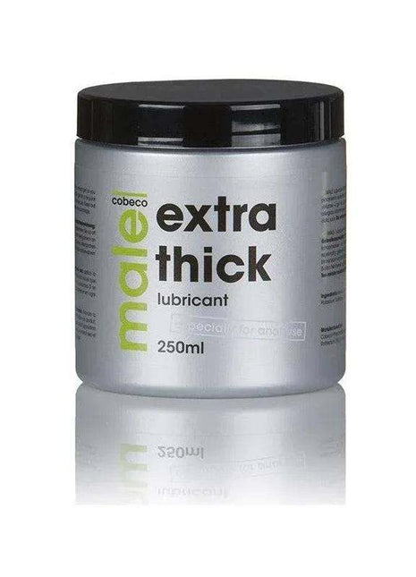 Male Lubricant Extra Thick in a silver jar with a black lid, lime-green and black lettering, and 250 ml label