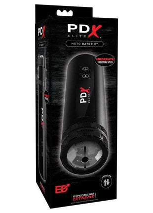 Male Masturbator Moto Bator X in black, shown on black-and-red retail packaging with a compact cylindrical design