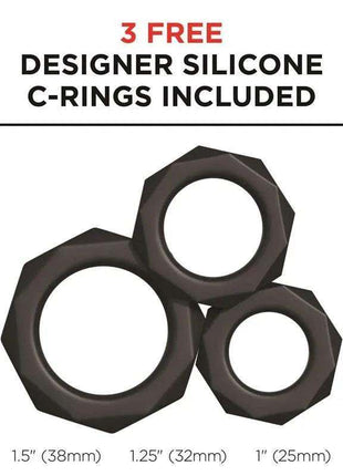 Male Masturbator Mouth Moto Stroker listing graphic featuring three black faceted silicone C-rings in assorted sizes