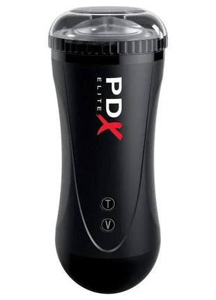 Compact male masturbator mouth moto stroker in black and red with realistic textured interior for pleasure