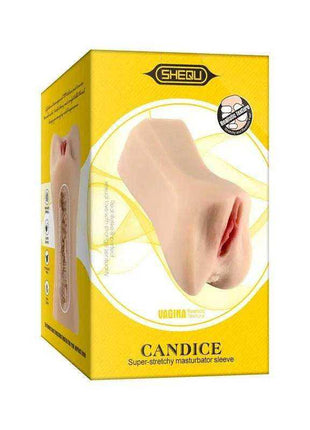 Male Masturbator Vagina sleeve with a realistic flesh-toned design, shown on bright yellow Candice product packaging