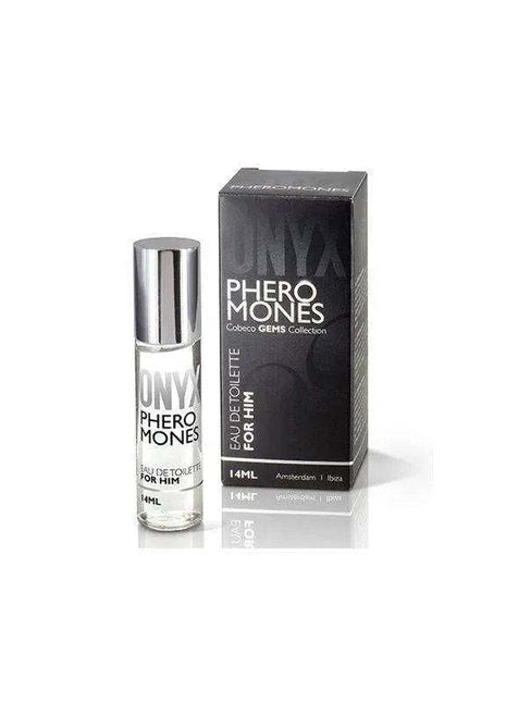 Male Perfume with Pheromones in a clear 14 ml spray bottle with a silver cap and black Onyx box packaging