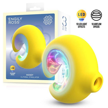 Mandy LED clitoral sucker with crescent shape, soft silicone body, semi-transparent center, and compact 79 x 37 mm size