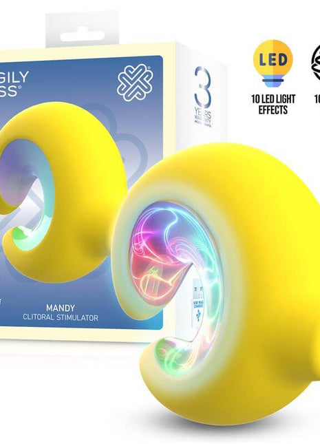 Mandy LED clitoral sucker with crescent shape, soft silicone body, semi-transparent center, and compact 79 x 37 mm size