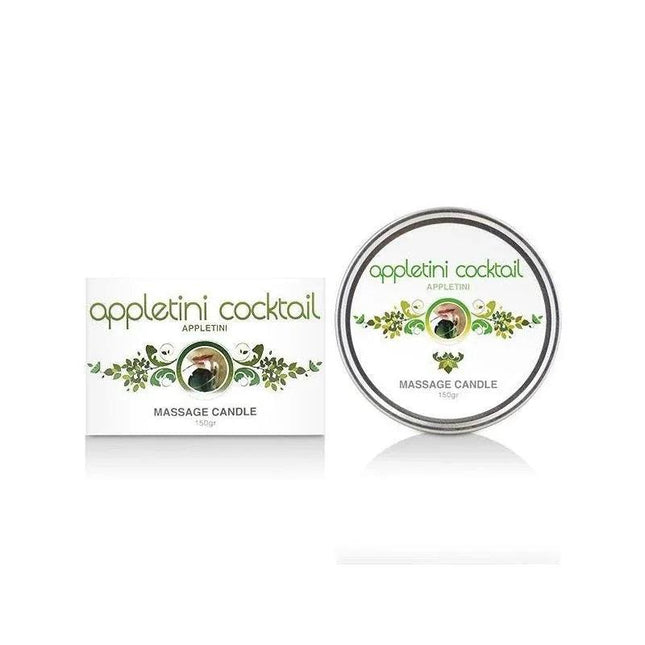 Massage Candle Appletini Cocktail 150gr with glowing wick and elegant packaging on dark background