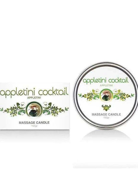 Massage Candle Appletini in a white round metal tin and matching box, with green botanical graphics and printed cocktail labeling.