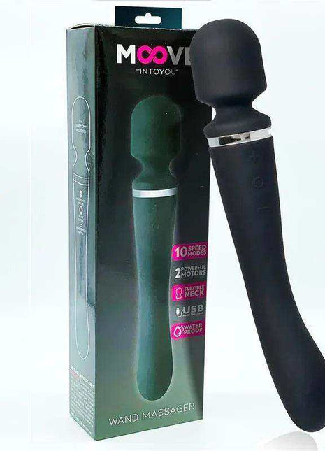 Massage Wand with 2 Motors in black silicone, featuring a rounded head, curved handle, and silver accent band