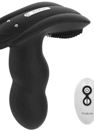 Massager Loli USB, black contoured handheld massager with a ridged head and separate white remote control