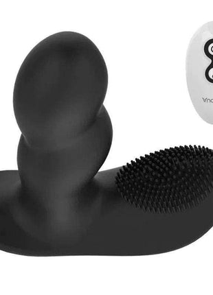 Massager Loli USB in black silicone with a contoured upright form, textured oval pad and separate white two-button controller