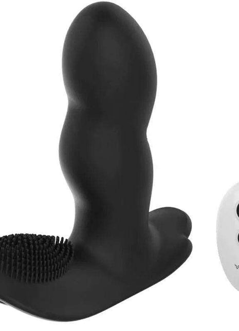 Massager Loli USB black silicone device with a contoured upright shape, textured bristles and separate white remote
