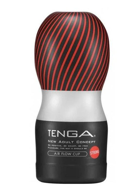 Masturbator Air Flow Cup with a black cylindrical base, silver neck and rounded red-striped black top