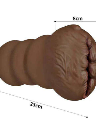 Masturbator Aliens Pie 3 in brown silicone with a ribbed cylindrical body, textured opening and size markings