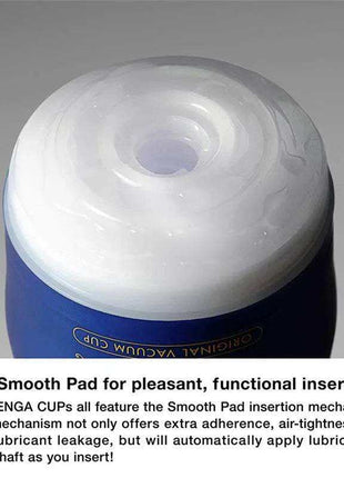 Masturbator Premium Tenga with a blue cup body and translucent white rounded top featuring a central opening