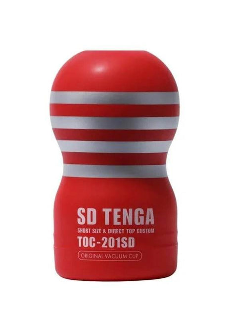 Masturbator SD Original vacuum cup in red with silver horizontal stripes and white SD TENGA lettering