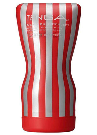 Masturbator Soft Tube with a red and silver striped casing, shaped with a narrow waist and rounded ends