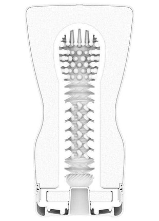 Masturbator Soft Tube in a translucent white casing with a visible textured interior featuring varied ridges and nodules