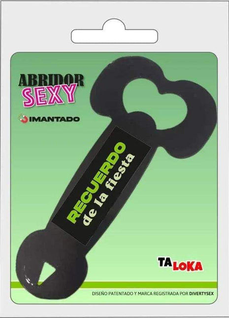 Metal bottle opener in a black painted penis-shaped design, with a green and white Spanish slogan on the handle