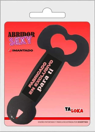 Metal bottle opener in black metal, featuring a novelty penis shape with a heart-shaped cutout at the top