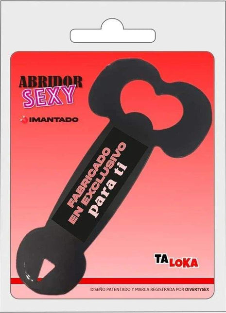 Metal bottle opener in black metal, featuring a novelty penis shape with a heart-shaped cutout at the top