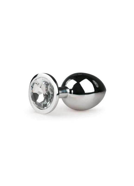Metal Butt Plug No.2 in polished silver metal with a large clear faceted gem set in its rounded flared base