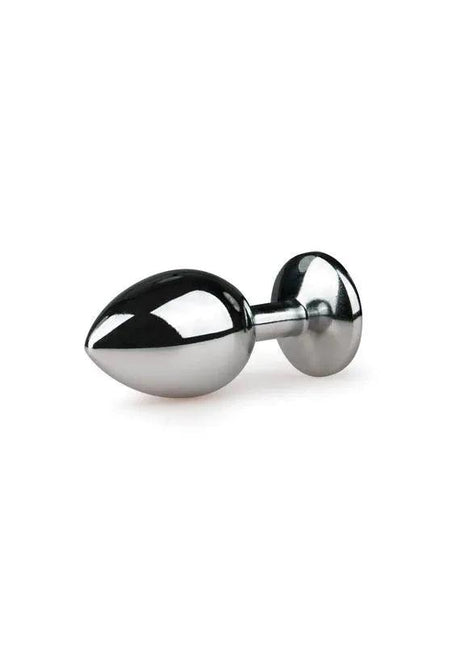 Silver and clear Metal Butt Plug No.2 with sleek stainless steel design and flared base for safe, versatile use