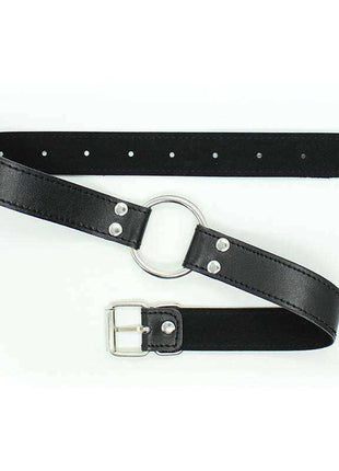 Metal O-Ring Gag Ring: 5 cm with a silver metal ring, black leather straps, rivets and an adjustable buckle