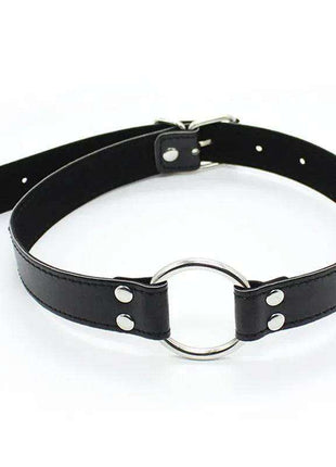Metal O-Ring Gag Ring: 5 cm with a black leather-like adjustable strap, silver metal ring, rivets and buckle.