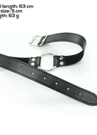 Metal O-Ring Gag Ring: 5 cm with black adjustable leather-like straps, silver metal ring, rivets and buckle