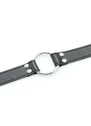 Metal O-Ring Gag Ring: 5 cm with a polished silver ring and black stitched strap secured by metal rivets.