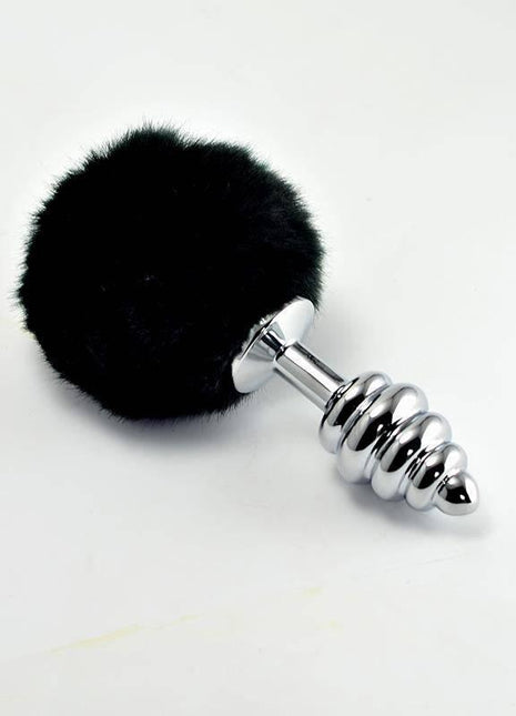 Metal Spiral Butt Plug with Black Pompon