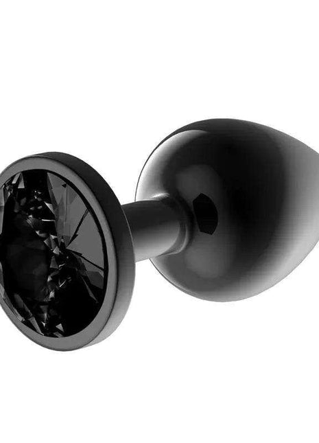 Metalic Butt Plug with a glossy black tapered body, flared base, and large faceted black jewel accent