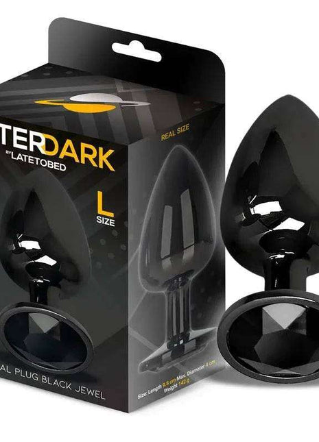 Metalic Butt Plug in glossy black with a tapered body, flared base, and large faceted black jewel accent