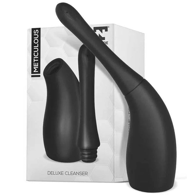 Meticulous Deluxe Cleaner silicone anal shower in black with removable nozzle and waterproof design for safe toy hygiene