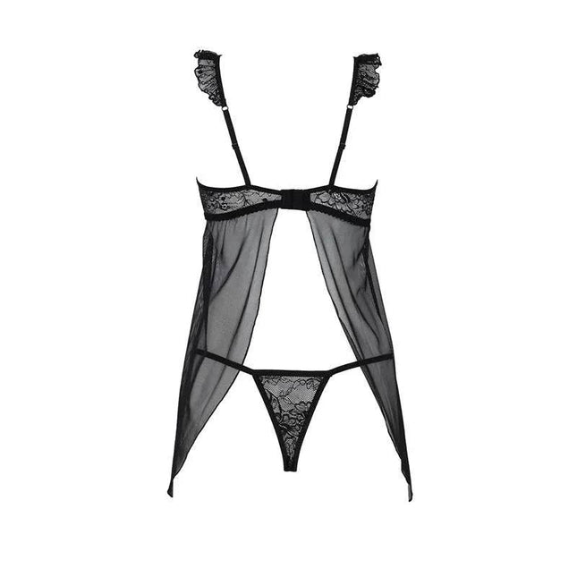 Black Milagros Chemise and Thong lingerie set with lace and satin blend for elegant comfort