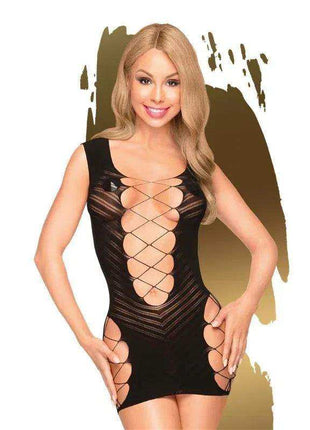 Mini Dress Flame on Rock Black, a black sleeveless mini dress with a glossy finish and crisscross cutout front and sides