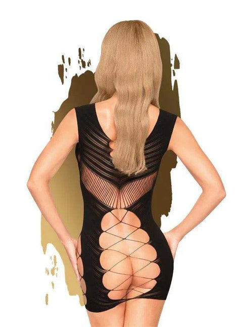 Mini Dress Flame on Rock Black in sheer black mesh with a strappy open-back design and cutout detailing