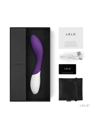 MONA 2 Purple personal massager with a curved purple body, white handle, and included accessories