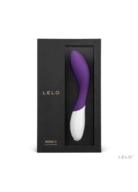 MONA 2 Purple personal massager with a curved purple body, white handle, and sleek black LELO box