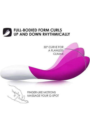 MONA WAVE Deep Rose vibrator with a white body, vivid magenta curved head, and rounded wave-shaped design.