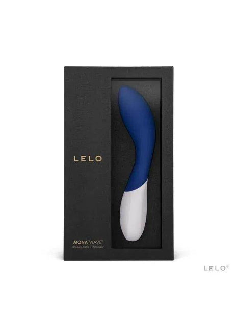 MONA WAVE Midnight Blue personal massager with a smooth curved blue and white body in a black LELO box
