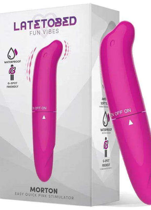 Morton Easy Quick Pink Stimulator Pink, glossy fuchsia waterproof massager with a curved tapered body and pointed controls